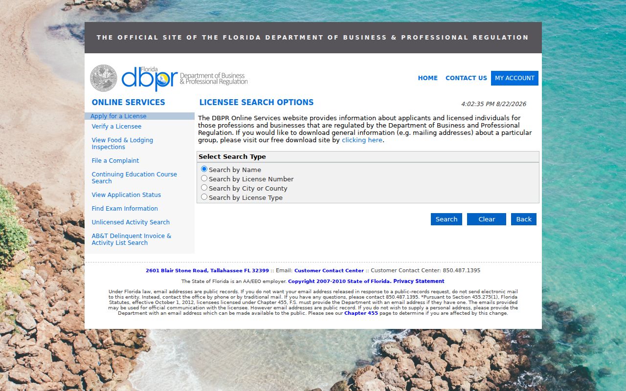 Florida license search used to confirm a Weston professional affiliation