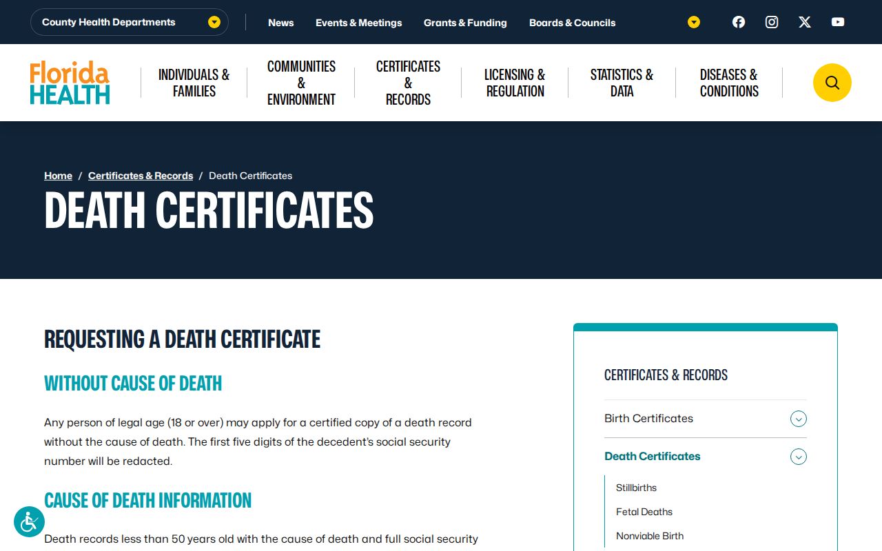Florida death certificate access for Weston historical research