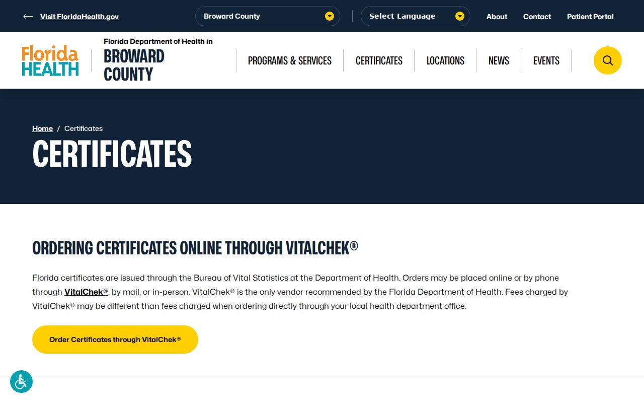 Broward County vital certificate access for Weston resident verification