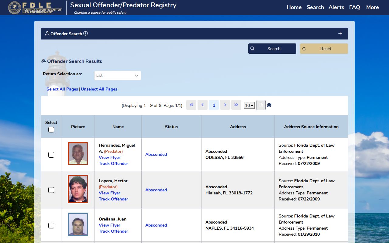 FDLE registry search fields for a lawful Weston resident lookup